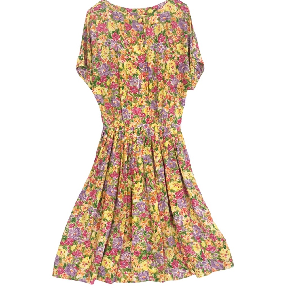 VINTAGE 80s 90s Bold Yellow Pink Floral Brushstroke Art Print Silk Pleated Mini - Picture 5 of 9
